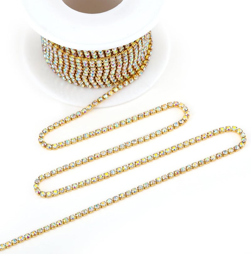 Rytenz 10 Yards 2 MM Rhinestone Chain Trim Crystal Close Chain Trim Shiny Rhinestone Chain for Sewing Crafts, DIY Decoration, Jewelry, Clothing, Shoes (AB-Gold, 2MM) - Image 2